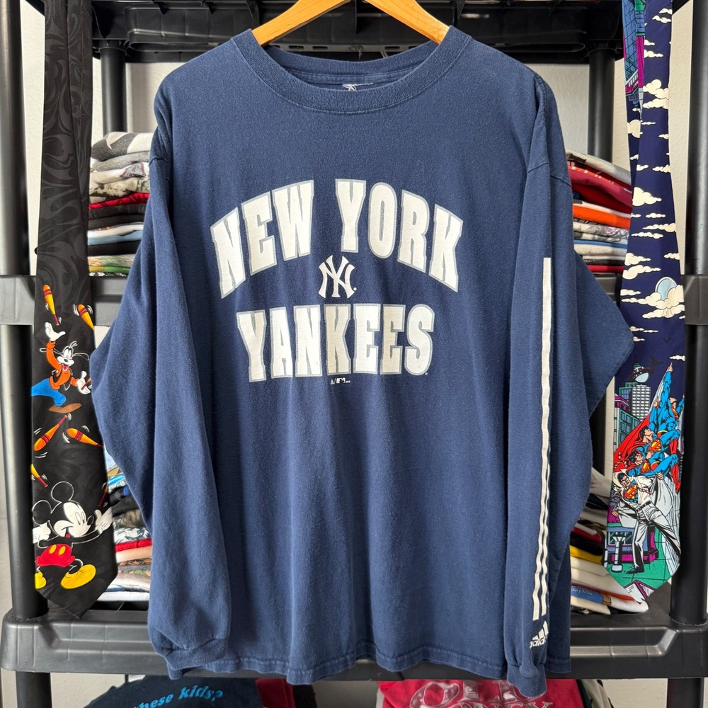 Y2K Navy Blue New York Yankees Adidas Long Sleeve Shirt Large Light Fading